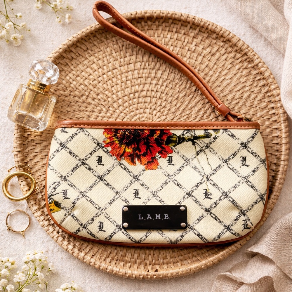 L.A.M.B. Cream Floral Lattice Wristlet with Brown Trim